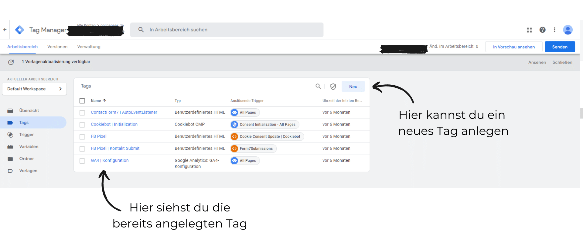 Google Tag Manager Benutzeroberfläche